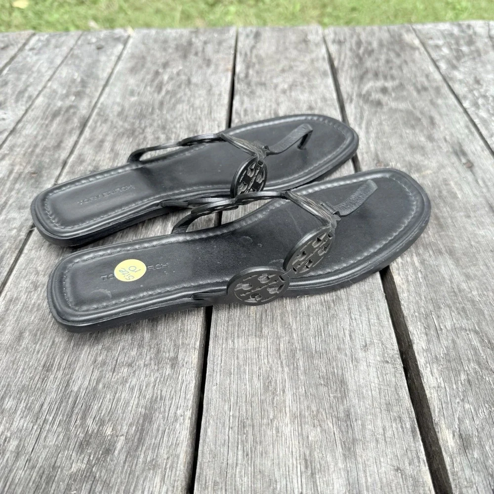 Tory Burch Tiny Mini Miller Sandals Thong Leather Flats Size 10 Black EUC